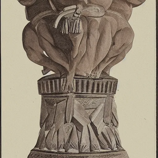 Image similar to an ethnographic object from an unknown indigenous tribe, in the style of corinthian capital by giocondo albertolli ( italian 1 7 4 2 - 1 8 3 9 ). medium : pen and brown ink, brush and gray wash on laid paper