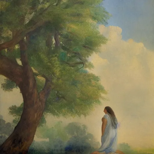 Image similar to _ in _ these _ paintings _ we _ see _ a _ big and tall _ woman in a void space with a tree, 8 k, realistic, in the style of delacroix watercolor, edward hooper, medium shot, studio light, thick oil paint with brushstrokes of paint, impasto, bright, happy detailed,