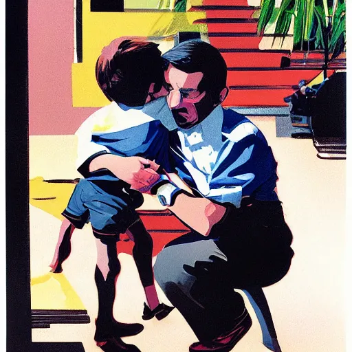 Prompt: a magazine illustration of a father hugging his seven year old boy, happy, syd mead, modern colors
