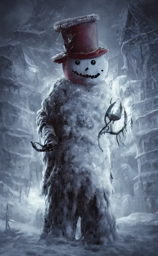 Image similar to a a full body portrait of monster jack frost the snowman, in the middle of a village in the snow, dynamic lighting, photorealistic dark fantasy concept art, trending on art station, stunning visuals, creative, cinematic, ultra detailed, scary art, monster