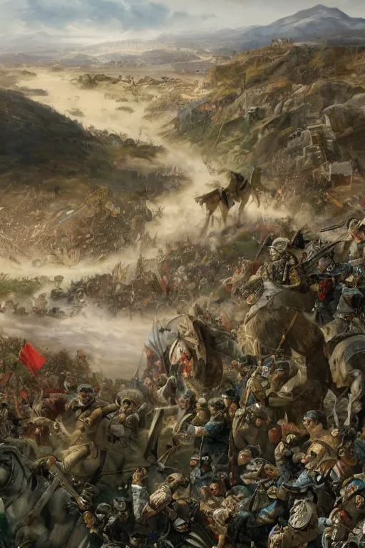 Image similar to An extremely beautiful wide view of a battlefield showing the Spanish empire overcoming the moors, re-conquest of Córdoba, Spanish flag, historical, regal, digital art painting, smooth, sharp focus, award winning picture, extremely detailed masterpiece, sense of awe, featured on Artstation, Artgerm, extremely detailed battlefield, hills background, atmospheric lightning, highly detailed illustration highlights, concept art, Exquisite matte painting, 8K detail post-processing