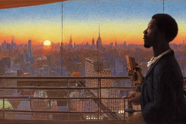 Prompt: painting of a black men in a rooftop, watching new york, beautiful, sunset, romantic, by ludwig deutsch and maxfield parrish, patterned tilework, extremely detailed, cinematic lighting, smooth sharp focus