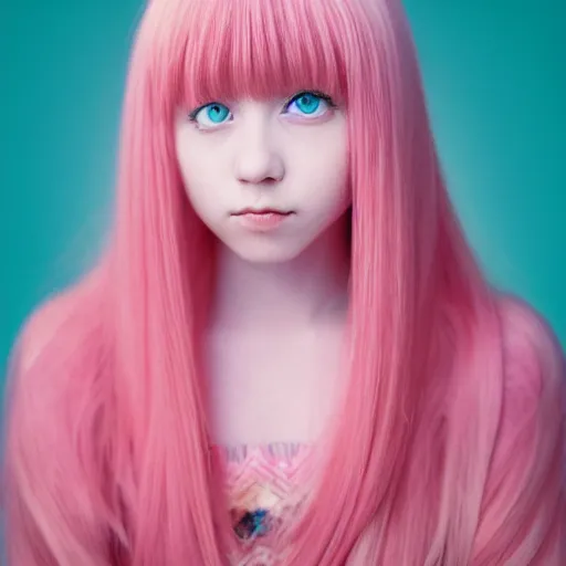 Image similar to a portrait on an anime girl with long pink hair. she has big blue eyes and a small mouth. behind her is a swirling pink background. award winning photography, high resolution 8 k, cinestill 8 0 0 t