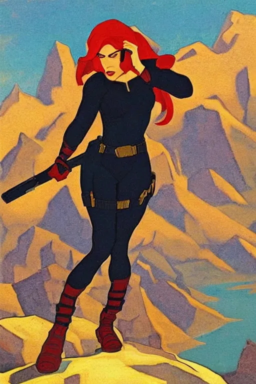 Prompt: black widow ( natasha romanova ) on mountains, marvel, artwork by nicholas roerich,