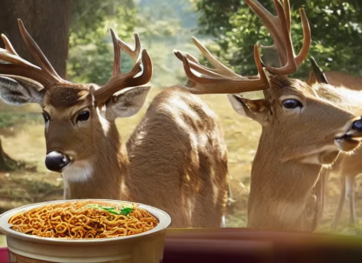 Prompt: a very high resolution image from a new movie, two deer wearing suits are eat instant noodles in a shabby temple