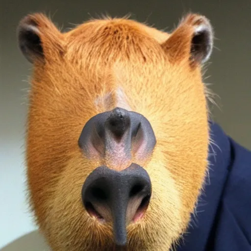 Image similar to capybara head, a man wearing a suit capybara head