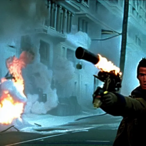 Image similar to movie still of cristiano ronaldo with a flamethrower in the thing (1982), john carpenter, cinematic,