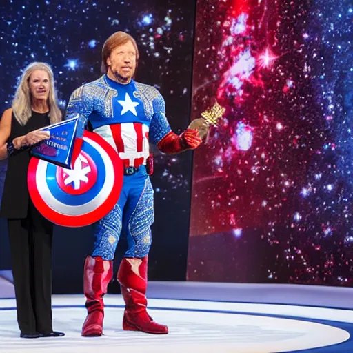 Image similar to uhd hyperdetailed candid photo of cosmic chuck norris dressed as captain america, wearing extremely intricate costume. elon musk presenting an award. photo by annie leibovitz