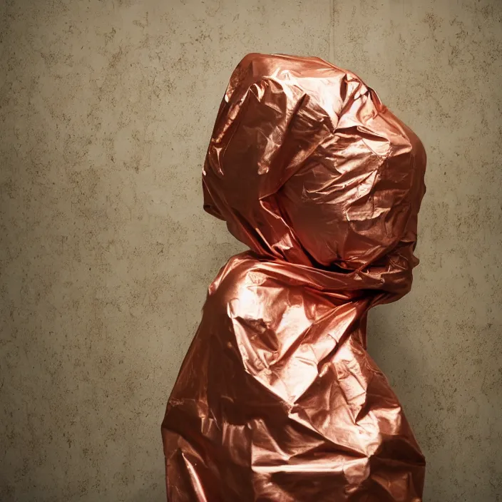 Prompt: closeup portrait of a woman wrapped in copper cellophane, standing in a derelict biology lab science, color photograph, by clemens ascher, canon eos c 3 0 0, ƒ 1. 8, 3 5 mm, 8 k, medium - format print