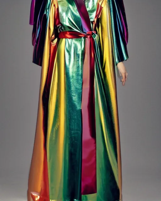 Prompt: a woman in metallic multicolored long robes