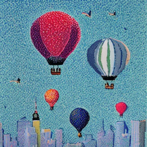 Prompt: hot air balloons invade new york city, pointillism