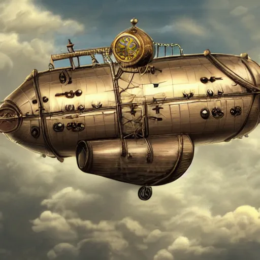 Image similar to A steampunk airship flying through the clouds towards a towards a steampunk city