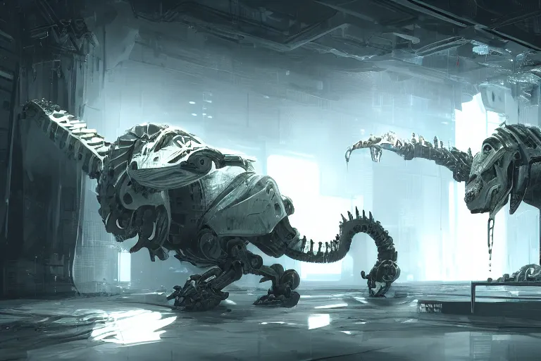 Image similar to robosaurus parallax datacenter server room interior single mono colossus white rusty robot sitting artstation cinematic detailed concept art volumetric light sharp coherent cgsociety symmetric perfect well balanced shadows lotr servers