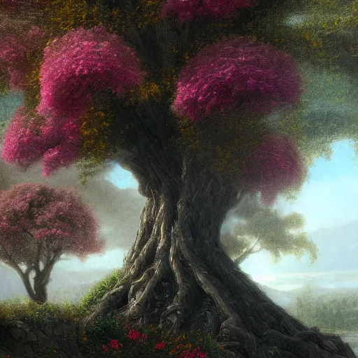 Prompt: a flowering tree, digital art, fantasy art, matte painting, by albert bierstadt, trending on artstation, hdr