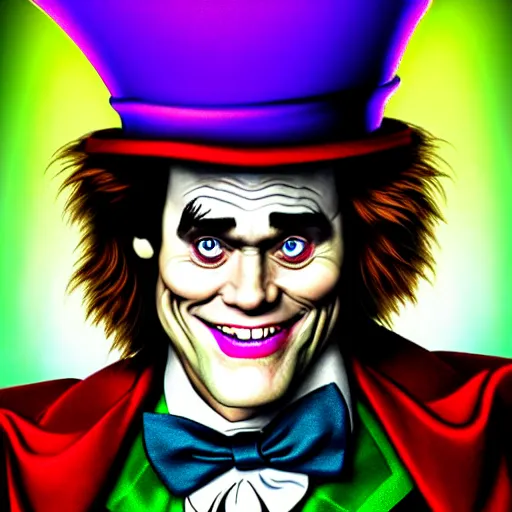 Prompt: Jim Carrey as mad hatter. epic game portrait. Highly detailed. D&D art by Michelangelo