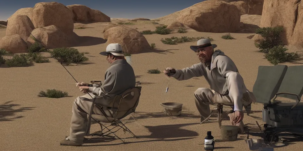 Image similar to walter white fishing in the desert, highly detailed, 8 k, masterpiece, super resolution.