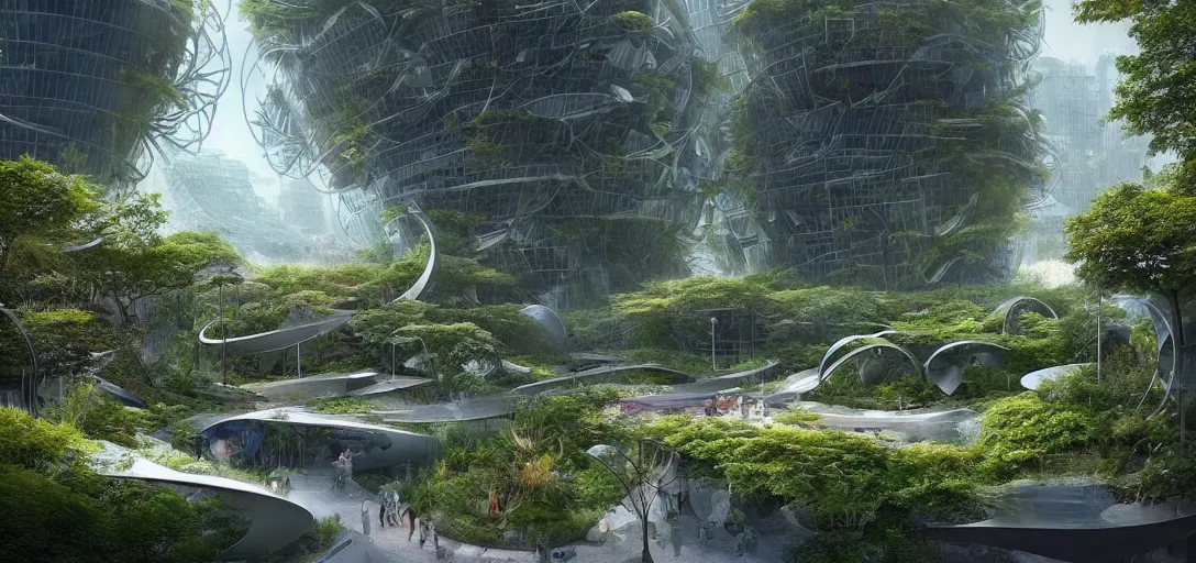 Image similar to a futuristic solarpunk garden, designed by frank gehry, sci - fi, digital art by paul chadeisson