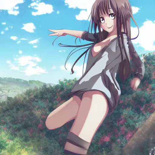 Prompt: anime, full body, girl standing in the top of hill, pixiv, illustration