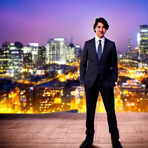 Image similar to a still of Justin Trudeau. He's wearing a dark suit. Studio lighting, Close. shallow depth of field. Professional photography City at night in background, lights, colors,4K