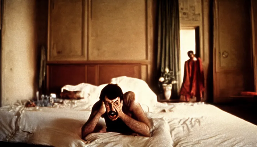 Prompt: 1 9 7 0 s movie still of the marc aurele hysterical on his bed in a ancient palace, cinestill 8 0 0 t 3 5 mm, high quality, heavy grain, high detail, cinematic composition, dramatic light, anamorphic, ultra wide lens, hyperrealistic