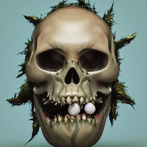 Prompt: Takashi Murakami, 3d render, octane render, A beautiful oil painting hyperrealism of a growing roses out of a skull head, bulging eyes, rotten green skin, grey beard, blue veins, skull bones flowers, 8k resolution, octane render, Trending on artstation, by Gediminas Pranckevicius, zdzisław beksiński, h.r. giger, dan mumford and jeffrey smith, volumetric light 2blue fractal Thunder glow, anaglyph effect, Laurie Lipton