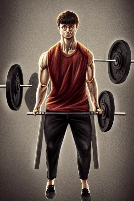 Prompt: highly detailed rendering of Daniel Radcliffe as Harry Potter doing barbell back squats, dingy workout gym, wearing a muscle tee shirt, muscular deep squats, symmetrical, highly detailed, digital painting, artstation, concept art, smooth, sharp focus, illustration, cinematic lighting, art by artgerm and greg rutkowski and alphonse mucha