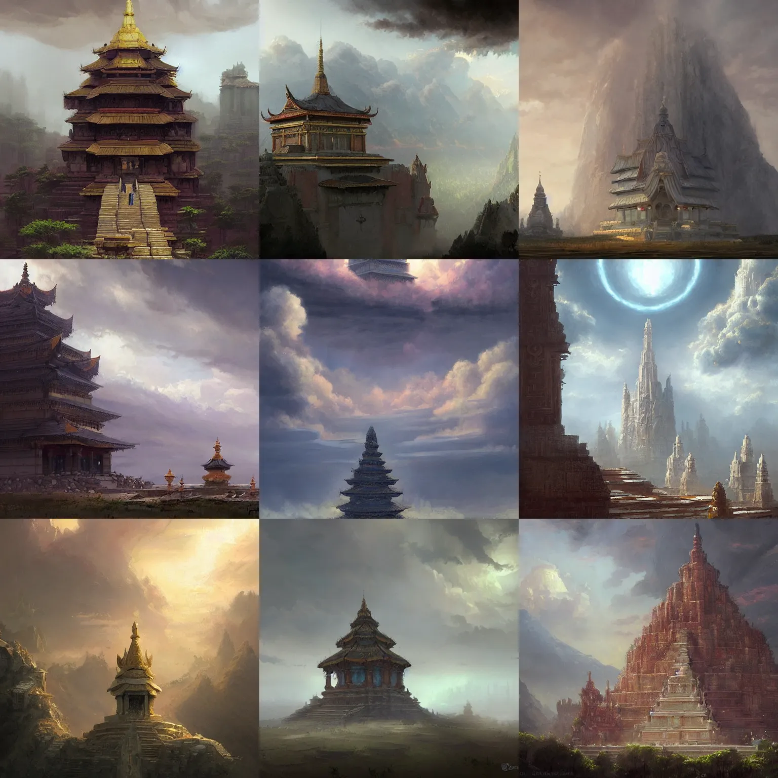 Prompt: a temple in the clouds, by greg rutkowski and james gurney