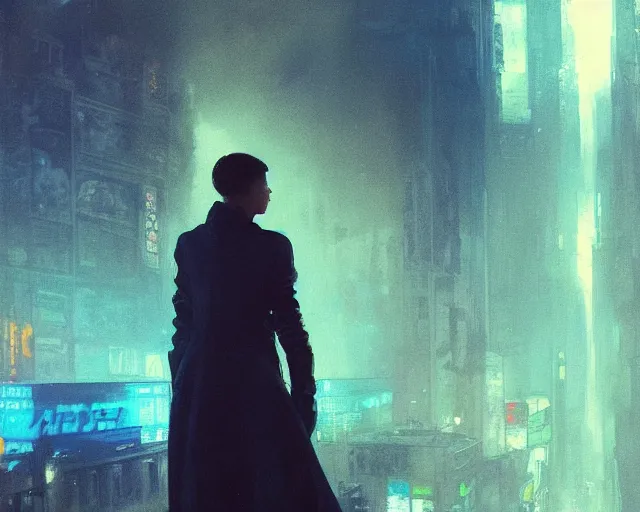 Image similar to 2 0 1 8 blade runner movie still girl look at the cityscape from roof perfect face fine realistic face pretty face reflective polymer suit tight neon puffy jacket blue futuristic sci - fi elegant by denis villeneuve tom anders zorn hans dragan bibin thoma greg rutkowski ismail inceoglu illustrated sand storm alphonse mucha