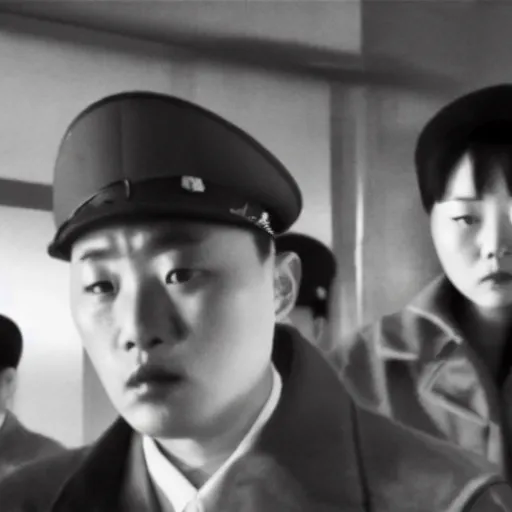 Image similar to a film still of a north korean film noir, video compression, ripple effect