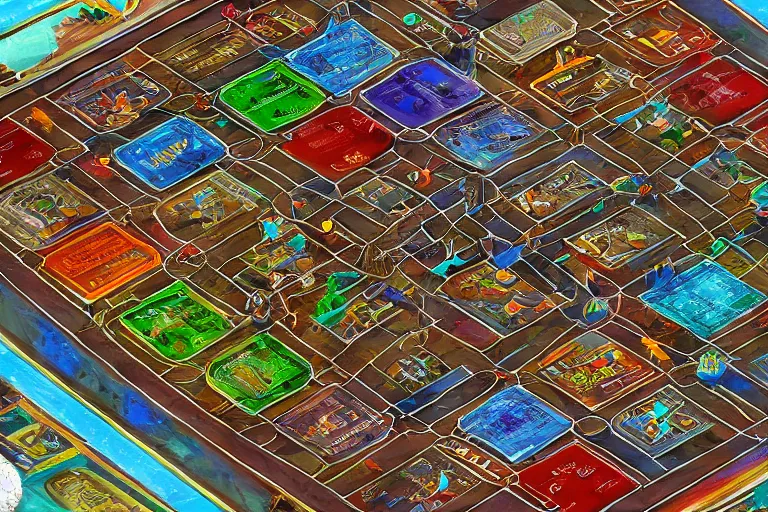 Image similar to isometric view, game board, cosmic horror game, photo realism