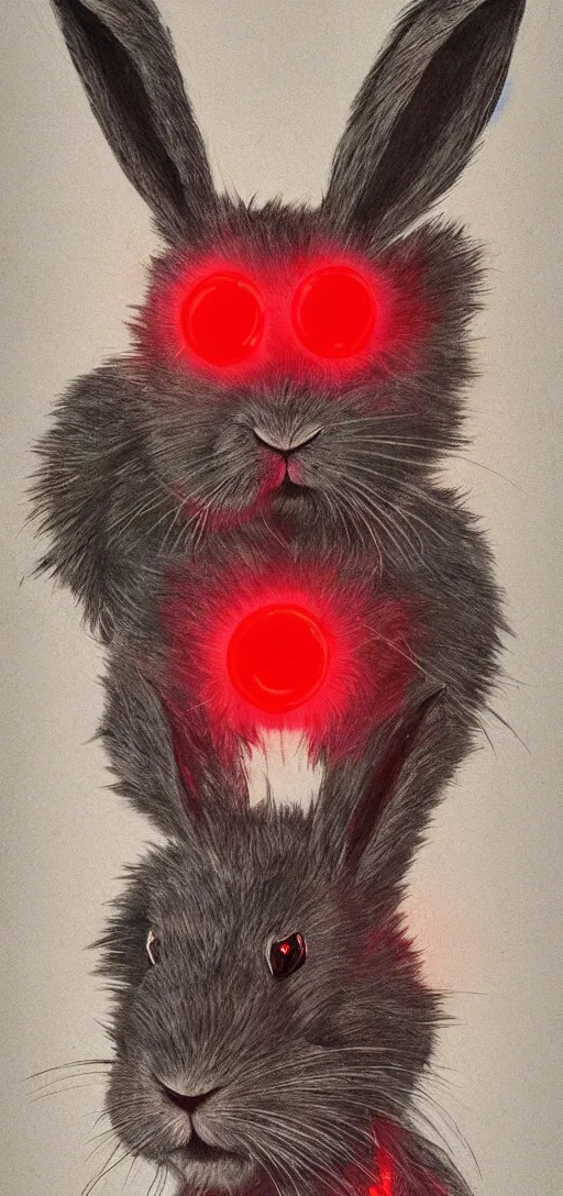 Image similar to portrait of neon fur rabbit with red eyes and a machine gun , 8k, highly detailed, sharp, realistic, in style of Brom