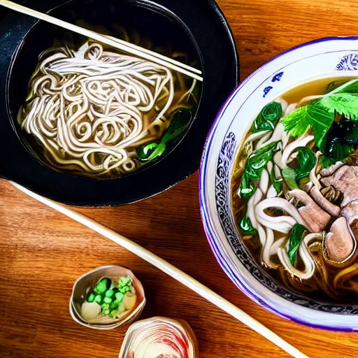 Image similar to flatlay realistic photo of delicious pho, ramen, highly detailed, natural light, 8 k hd, award winning, food photography, 3 5 mm,