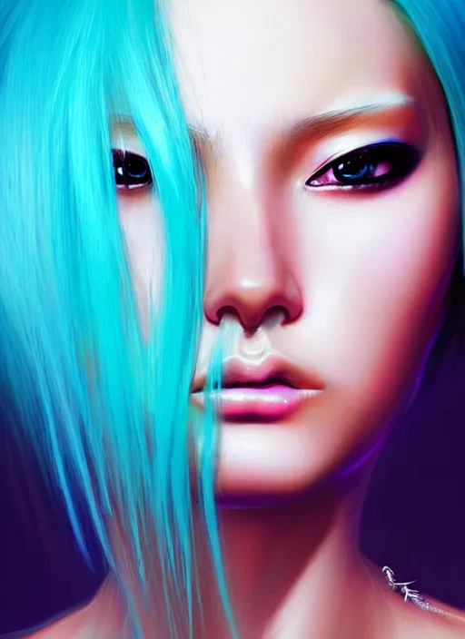 Prompt: photorealistic portrait of oriental female humanoid, soft hair, cyber neon lights warm turquoise cyan blue, highly detailed, cyberpunk high fashion, elegant, crispy quality, trending in artstation, trending in pinterest, glamor pose, no signature, no watermark, cinematic, art by pascal blanche