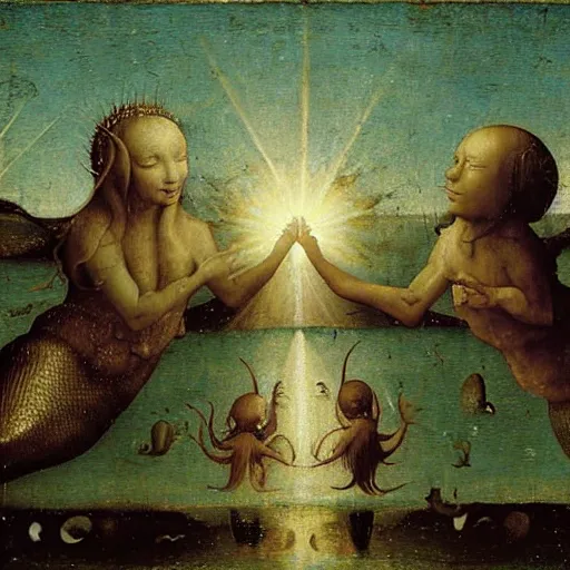 Prompt: Two mermaids fist-bumping in victory, their fistbump backlit by crepuscular rays. Google gigapixel scan of highly detailed oil painting by Hieronymus Bosch