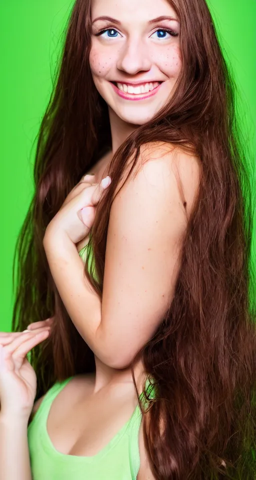 Prompt: A cute and beautiful young woman, long shiny bronze brown hair, green eyes, cute freckles, smug smile, studio lighting, studio background medium shot, mid-shot