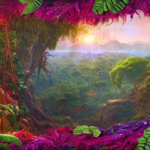 Prompt: vivid jungle scene, floral, leaves, vines, flowers, intricate details, volumetric lighting, hd render, vivid colors, panorama, Artwork by Frederic Edwin church + Franklin Booth