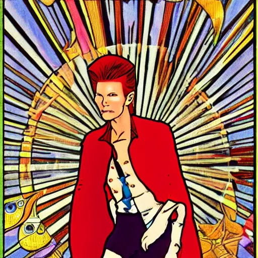 Prompt: david bowie as aladdin sane, mucha style,