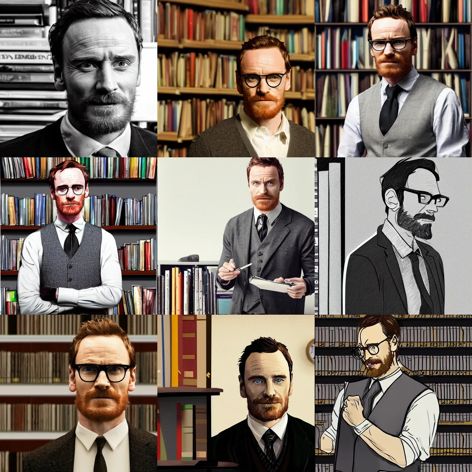 Prompt: Michael Fassbender as a college professor with a goatee, wearing a vest and a tie, standing in front of a bookshelf in his classroom, wearing reading glasses, digital illustration, concept art, D&D, Portrait style,
