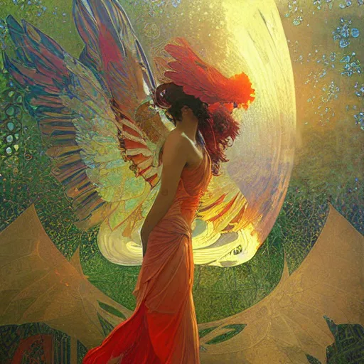 Image similar to the solarpunk phoenix, red bird, regeneration, landscape, volumetric light, bokeh, painting by greg rutkowski by alphonse mucha