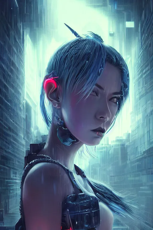 Prompt: portrait futuristic devilish cyberpunk young female Assassin, in futuristic stormy heavy snowy tokyo rooftop cyberpunk night, ssci-fi, fantasy, intricate, very very beautiful, elegant, neon light, highly detailed, digital painting, artstation, concept art, soft light, hdri, smooth, sharp focus, illustration, art by tian zi and craig mullins and WLOP and alphonse mucha