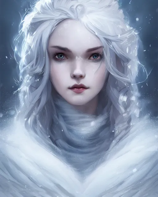 Image similar to a beautiful snow sorceress, flowy white grey hair, grey eyes, winter, frozen, snow, cinematic lighting, highly detailed, digital painting, trending on artstation, pixiv, concept art, sharp focus, illustration, art by ross tran and wlop, dark art