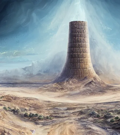 Prompt: real theory of a white stepped high tech architecture, ancient epic tower of babylon in the mining tailings in the desert, biroremediation plant, foggy, patchy cactus, oil painting, pale colors, high detail, 8 k, wide angle, trending on artstation, behance