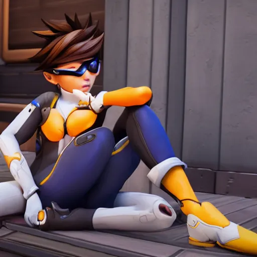 Image similar to Tracer from Overwatch relaxing after a day of hard work