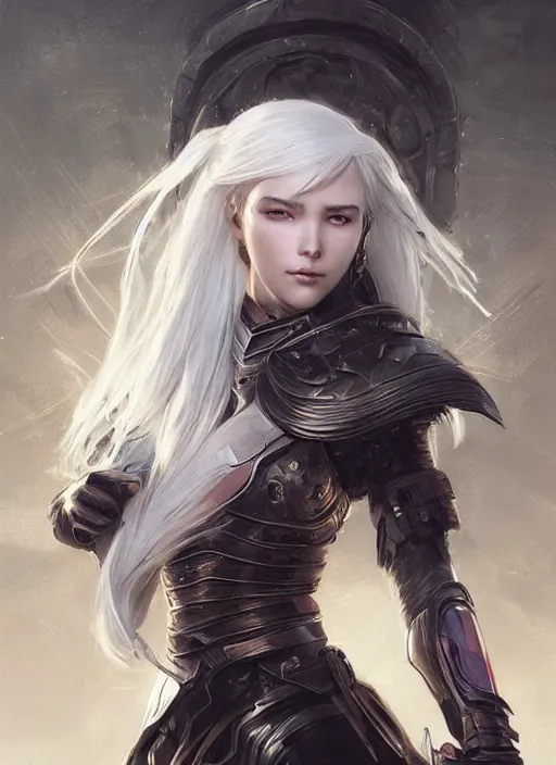 Image similar to girl with shoulder length white hair, steel samurai armor, beautiful highly detailed face, beautiful painting by artgerm and greg rutkowski and raymond swanland