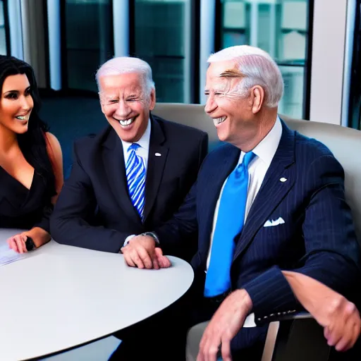 Image similar to stock photo of kim kardashian, joe biden, and bill gates wearing suits and ties laughing in an office building, 8k resolution, full HD, cinematic lighting, award winning, anatomically correct