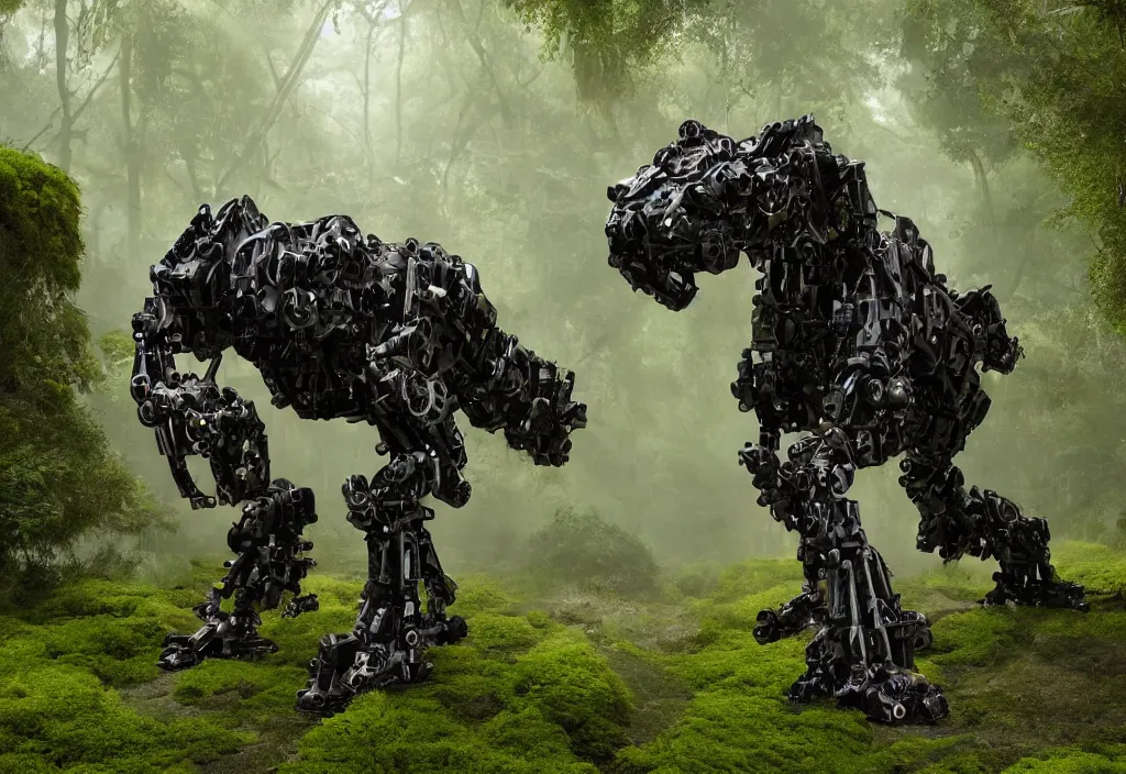 Image similar to quadruped tiger shaped mech, with black synthetic muscles, sinew, clean, simple plastic components, minimalist, product design, modern, in a colourful mossy humid jungle, weta workshop, cinematic, realistic, stylised, unreal engine, hyper realistic, octane render, fog, god rays, bloom,