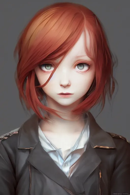 Image similar to Very complcated dynamic composition, realistic anime style at Pixiv, Zbrush sculpt colored, Octane render in Maya and Houdini VFX, young redhead girl in motion, wearing jacket and skirt, silky hair, black stunning deep eyes. By ilya kuvshinov, krenz cushart, Greg Rutkowski, trending on artstation. Amazing textured brush strokes. Cinematic dramatic soft volumetric studio lighting