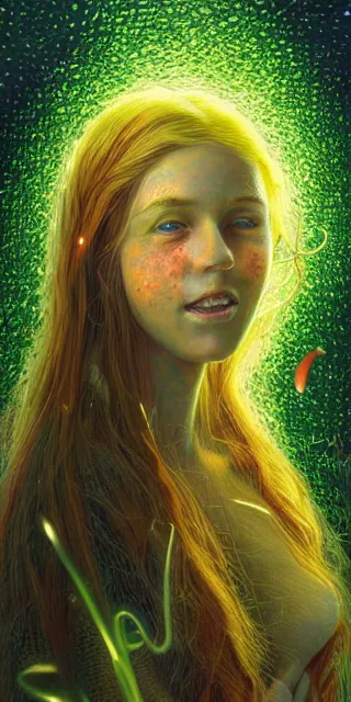 Image similar to infp young woman, smiling amazed, golden fireflies lights, sitting in the midst of nature fully covered, long loose red hair, intricate linework, bright accurate green eyes, small nose with freckles, oval shape face, realistic, expressive emotions, dramatic lights spiritual scene, hyper realistic ultrafine art by michael cheval, jessica rossier, boris vallejo