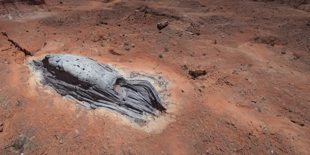 Prompt: giant spaceship 1 0 0 meters around and 1 million years old discovered after the rain washed away the sand and dirt, in a canyon in the utah desert