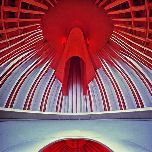 Image similar to interior of a futuristic lotus temple with gold, red and white marble panels, in the desert, by buckminster fuller and syd mead, intricate contemporary architecture, photo journalism, photography, cinematic, national geographic photoshoot